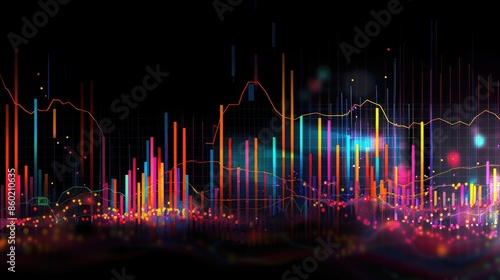 A vibrant stock market graph with multicolored lines and bar charts, illustrating diverse market activities