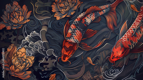 Japanischer Koi Hintergrund, Japanische Koi Illustration in dunklen Farben, Asiatischer Hintergrund, traditioneller Hintergrund, Japanische Kunst  photo