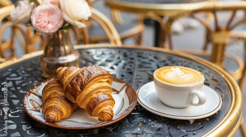 An elegant French croissant and coffee setup on a quaint cafe table, symbolizing a classic Parisian breakfast photo