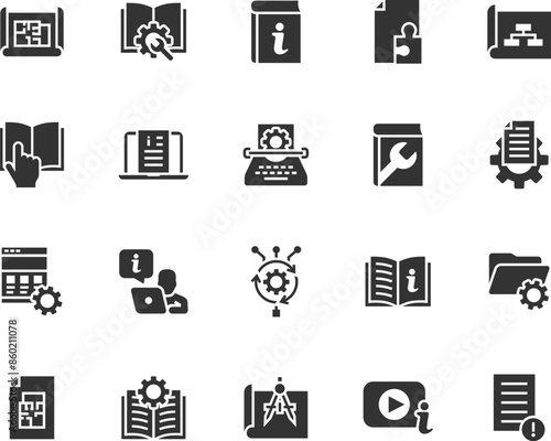 Vector set of technical documentation flat icons. Contains icons instruction, plan, manual, blueprint, algorithm, information, reference document, video tutorial and more. Pixel perfect.