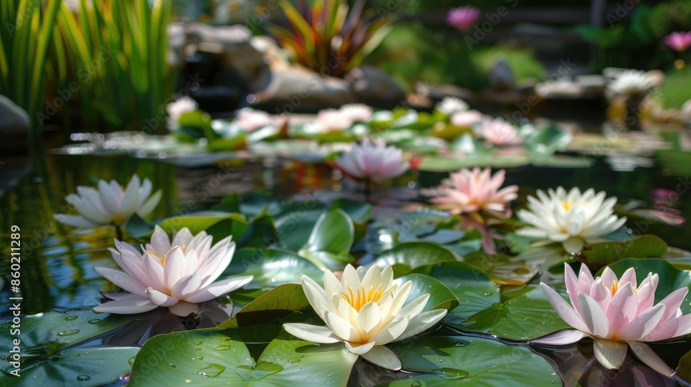 Beautiful lily pond with blooming water lilies and lotus flowers AI generated Beautiful lily pond with blooming water lilies and lotus flowers AI generated