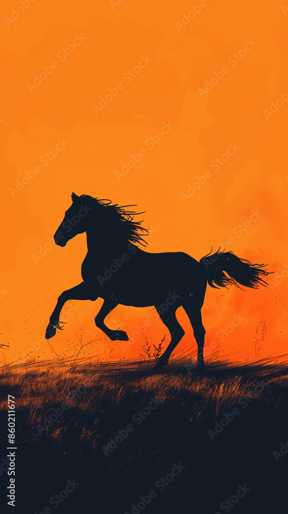 A minimalist horse in motion on a sunset orange background , color pop contrast, mobile wallpaper A minimalist horse in motion on a sunset orange background , color pop contrast, mobile wallpaper