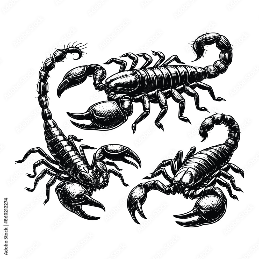 set of scorpions illustration. hand drawn scorpion in black and white vector illustration, isolated white background