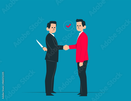 Knife in the back. Betrayal in business vector concept