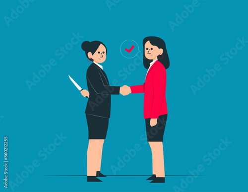 Knife in the back. Betrayal in business vector concept