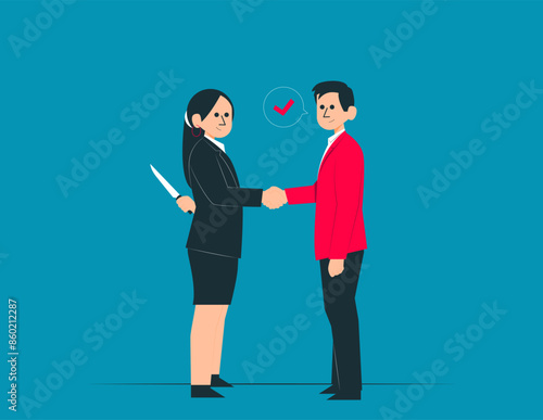 Knife in the back. Betrayal in business vector concept