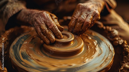 Close-up of a potter shaping clay on a spinning wheel, hands molding the vessel AI generated © Lisa_Art