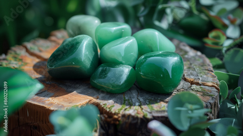 Polished green aventurine stones with succulent and wood decor. photo