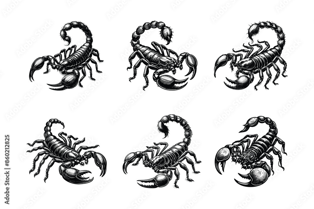 set of scorpions illustration. hand drawn scorpion in black and white vector illustration, isolated white background set of scorpions illustration. hand drawn scorpion in black and white vector illustration, isolated white background