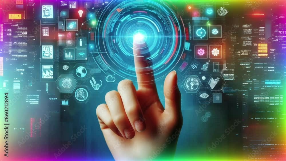 Futuristic Finger Touching an Innovative Technology Holographic Screen, Showcasing Cutting-Edge Interaction Futuristic Finger Touching an Innovative Technology Holographic Screen, Showcasing Cutting-Edge Interaction