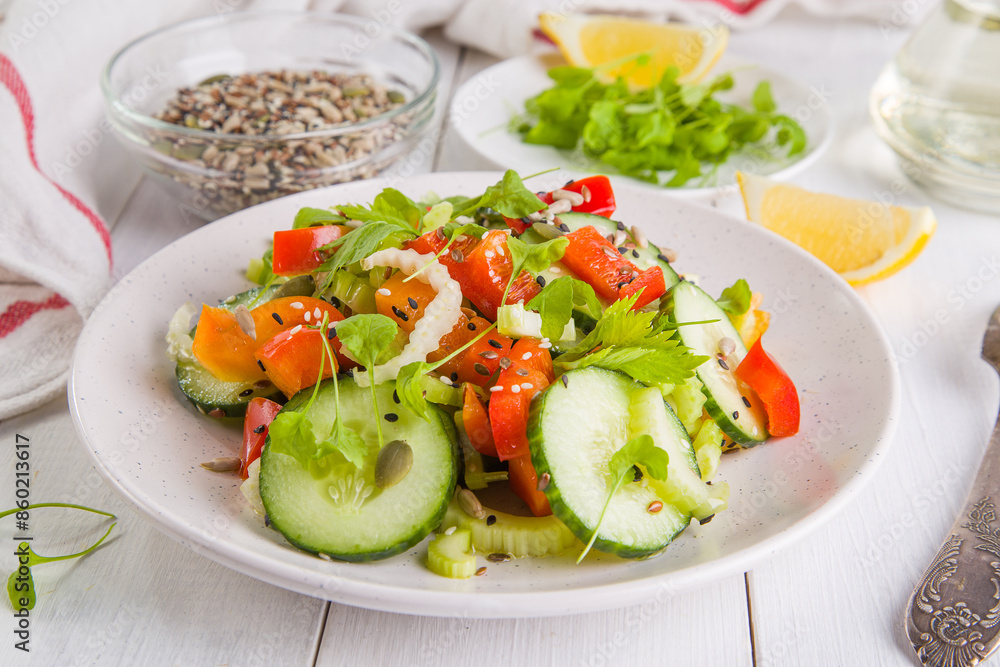 Salad of fresh cucumbers, celery, sweet peppers, herbs and pumpkin seeds, sunflowers, sesame seeds with olive oil. Healthy vegetarian, vegan food. Italian Cuisine Salad of fresh cucumbers, celery, sweet peppers, herbs and pumpkin seeds, sunflowers, sesame seeds with olive oil. Healthy vegetarian, vegan food. Italian Cuisine