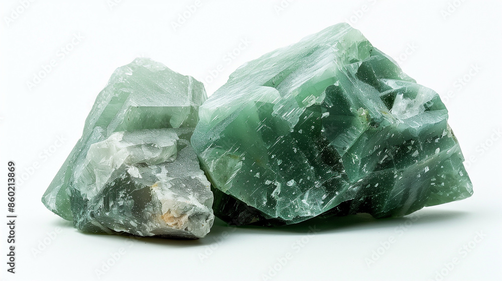 Raw green aventurine crystal with rough texture on white background. Raw green aventurine crystal with rough texture on white background.