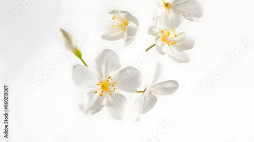 Jasmine bloom A beautifull white flower of Jasmine falling in the air isolated on white background Levitation or zero gravity concept High resolution image : Generative AI