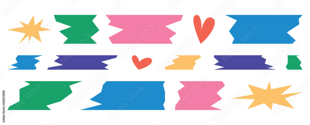 Set of pieces of tape and hearts. Cute retro color elements with grunge style, set of jagged edge rectangle shape. Black ripped paper sheet with scratch. Grunge frame collection for sticker, collage Set of pieces of tape and hearts. Cute retro color elements with grunge style, set of jagged edge rectangle shape. Black ripped paper sheet with scratch. Grunge frame collection for sticker, collage