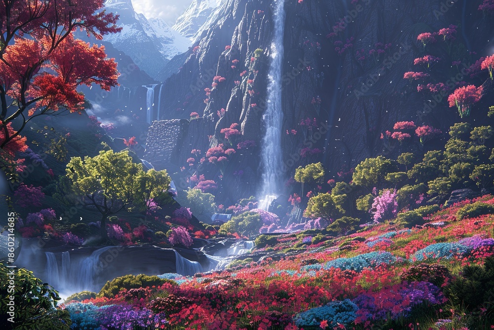 Obraz premium Beautiful Paradise Land with Flower and Waterfall created with Generative AI