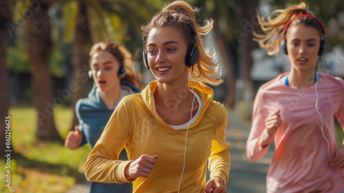 Tres mujeres bellas, haciendo deporte, running o  footing por un parque soleado ellas usan auriculares y se divierten. photo