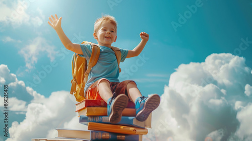 Regreso al cole o a la escuela, comienzo del curso estudiantil. Niño feliz deseoso de comenzar el nuevo curso escolar, concepto de comienzo de la escuela con alegría y ganas.