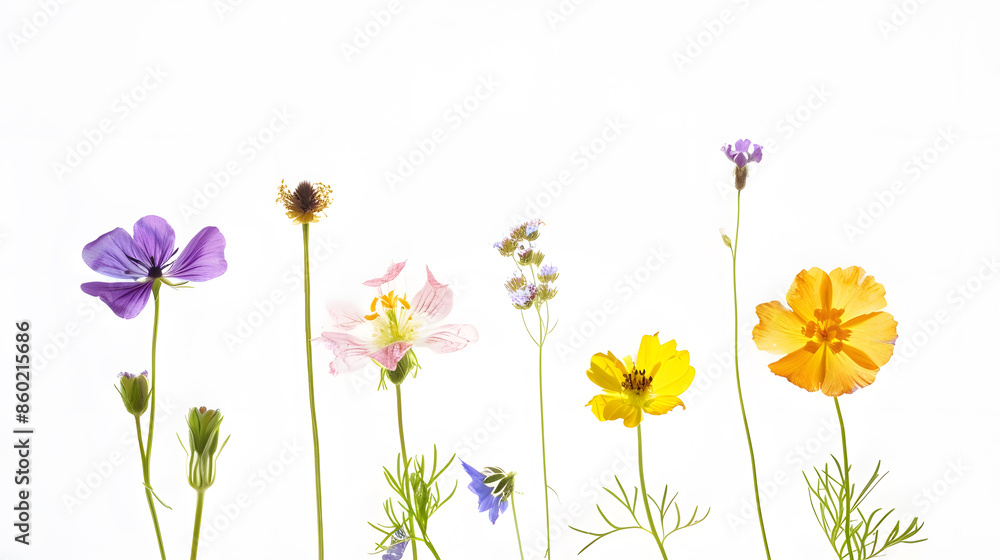 Pressed wild flowers isolated on white background : Generative AI Pressed wild flowers isolated on white background : Generative AI