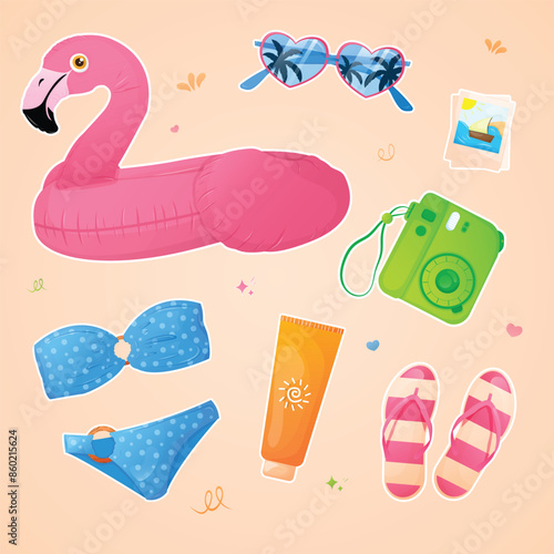 et of summer stickers. Sunglasses, sunscreen, towel, slippers, camera instax,rubber flamingo, photo. Vector illustration EPS 10
