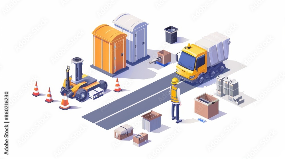 Obraz premium A construction site with a crane, dump trucks, and other vehicles