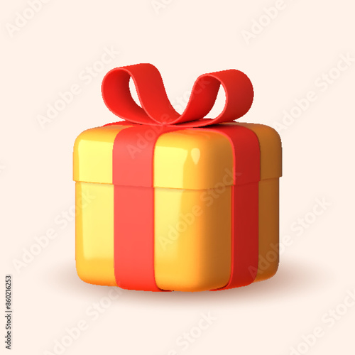 3D yellow gift boxes with ribbon in red over white background. 3D rendering of a modern holiday surprise box.