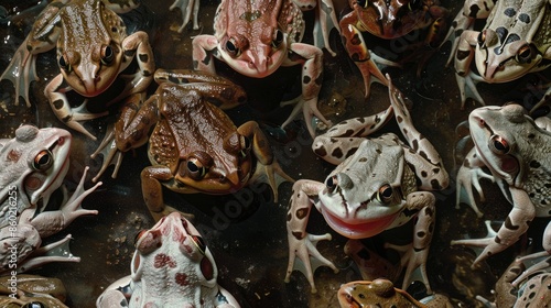 Frogs shedding their old skin, with patches of shed skin around them AI generated