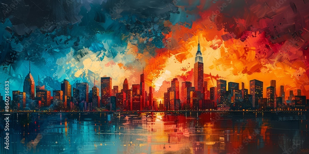 Vivid City Skyline: Abstract Urban Art with Fiery Sunset and Cool Night Vivid City Skyline: Abstract Urban Art with Fiery Sunset and Cool Night