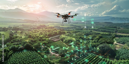 Drone Over a Smart Agricultured Landscape with Digital Data Overlay photo