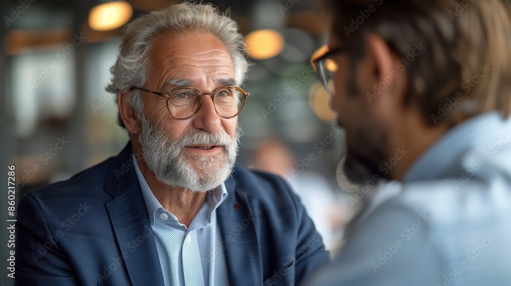Senior professionals engaging in a business conversation, highlighting experience, mentorship, and professional networking in a corporate environment. Senior professionals engaging in a business conversation, highlighting experience, mentorship, and professional networking in a corporate environment.