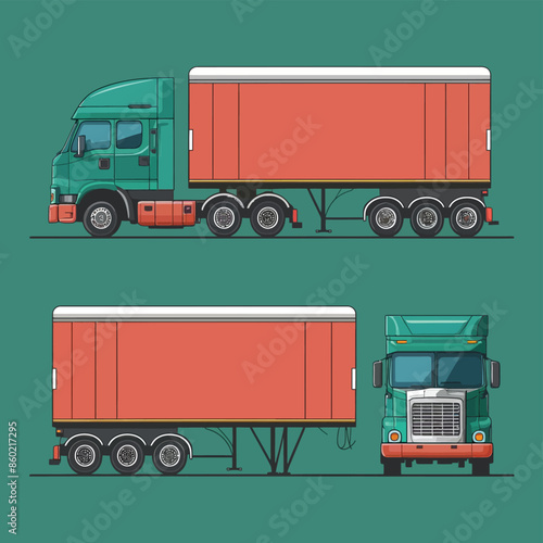Semi trailer truck vector template with simple colors without gradients and effects. View from side, front, back, and top with white background
