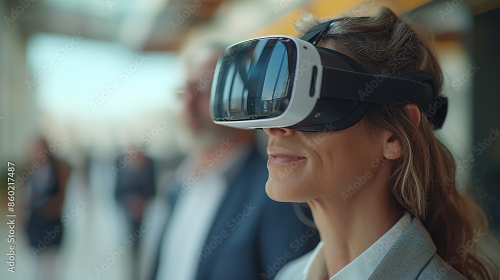 Woman Using Virtual Reality in Office. Businesswoman using virtual reality headset in a modern office, highlighting innovative technology and immersive experiences in the workplace. Woman Using Virtual Reality in Office. Businesswoman using virtual reality headset in a modern office, highlighting innovative technology and immersive experiences in the workplace.