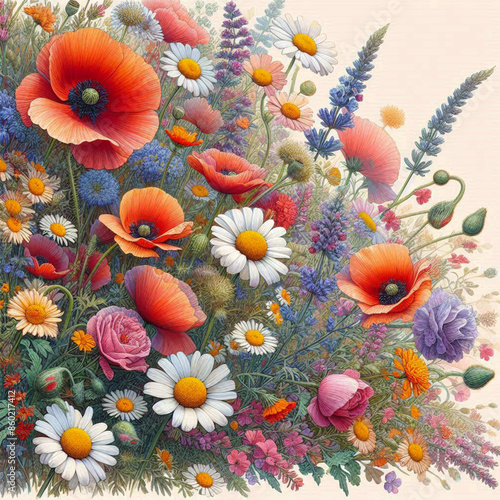 A Vibrant Tapestry of Poppies, Daisies, and Wildflowers Illuminated by Sunlight, Lining a Scenic Countryside Path with Marble Brick Accents