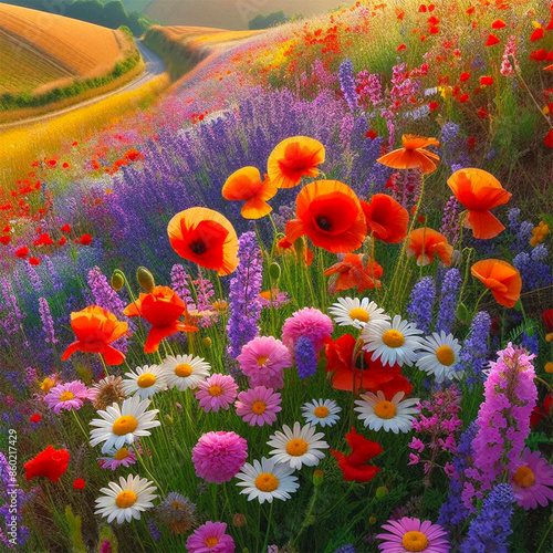 A Vibrant Tapestry of Poppies, Daisies, and Wildflowers Illuminated by Sunlight, Lining a Scenic Countryside Path with Marble Brick Accents