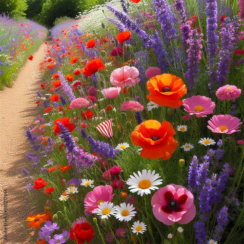 A Vibrant Tapestry of Poppies, Daisies, and Wildflowers Illuminated by Sunlight, Lining a Scenic Countryside Path with Marble Brick Accents