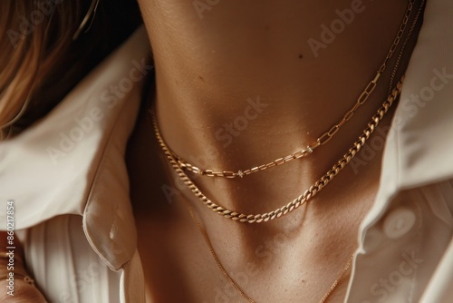 Fashion portrait of woman in white shirt and gold chain necklaces, closeup shot for elegant jewelry catalog