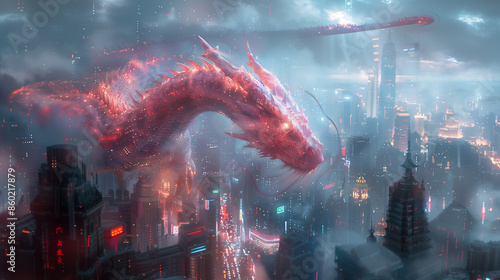 a futuristic cybernetic dragon soaring through a neon-lit cityscape at night, zoomed out
