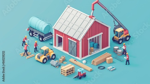 Fototapeta Naklejka Na Ścianę i Meble -  A group of construction workers are building a house