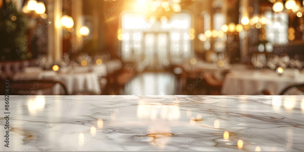 Polished marble surface under warm lighting, set against a blurred background of an elegant dining room, perfect for upscale dining ware or gourmet food products Polished marble surface under warm lighting, set against a blurred background of an elegant dining room, perfect for upscale dining ware or gourmet food products