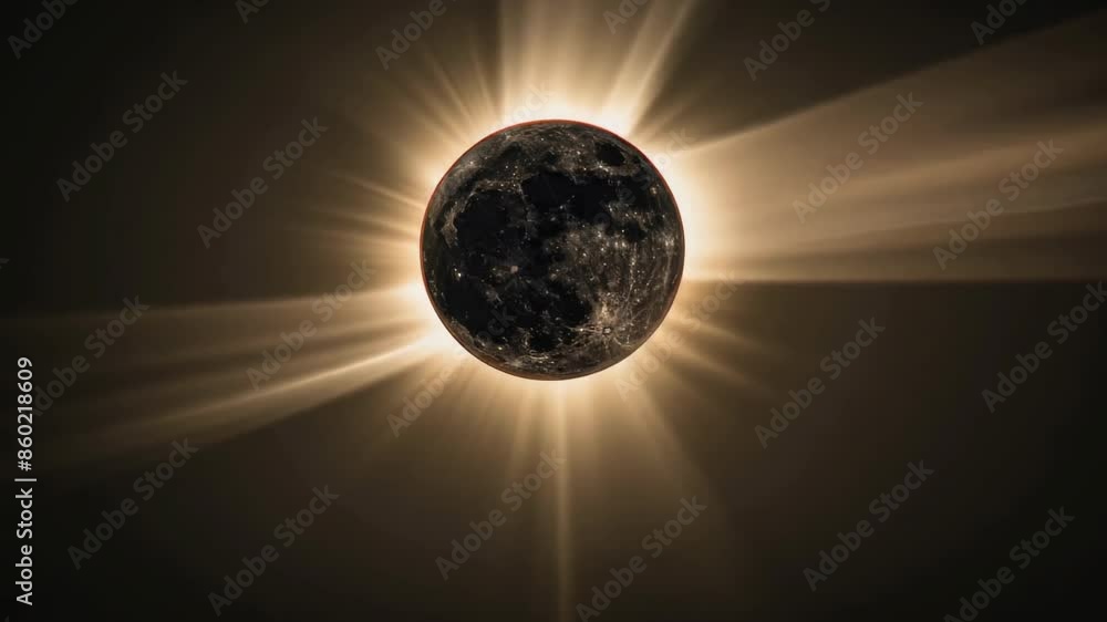 View of total solar eclipse, moon completely covering sun. Corona shines brightly around, stunning halo effect. Beauty, rarity celestial event. Dark sky contrasts light. Wonder, majestic power nature.