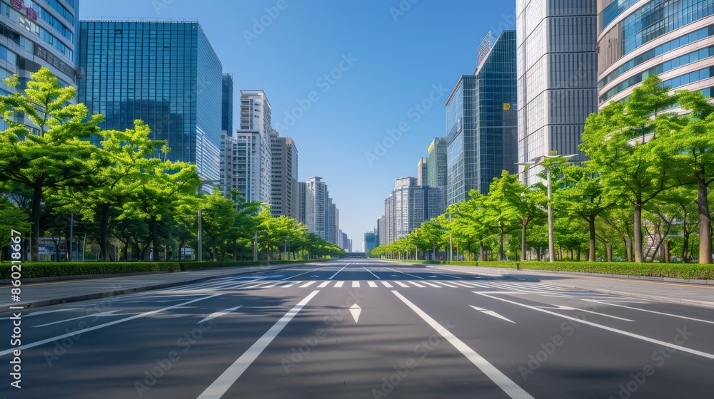 Empty City Street Lined With Trees and Modern Buildings on a Sunny Day Empty City Street Lined With Trees and Modern Buildings on a Sunny Day
