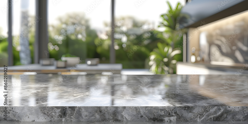 Smooth granite surface with natural light, set against a blurred background of a modern kitchen, suitable for high-end kitchenware or gourmet food products Smooth granite surface with natural light, set against a blurred background of a modern kitchen, suitable for high-end kitchenware or gourmet food products