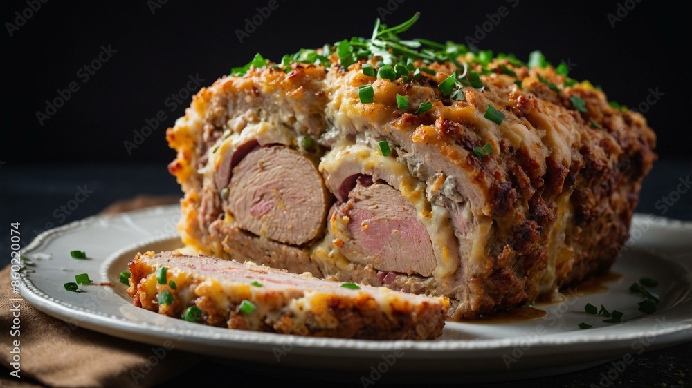 A perfectly cooked meatloaf filled with sausages and topped with a golden crust, garnished with herbs on a white plate, showcasing a homemade comfort dish. A perfectly cooked meatloaf filled with sausages and topped with a golden crust, garnished with herbs on a white plate, showcasing a homemade comfort dish.