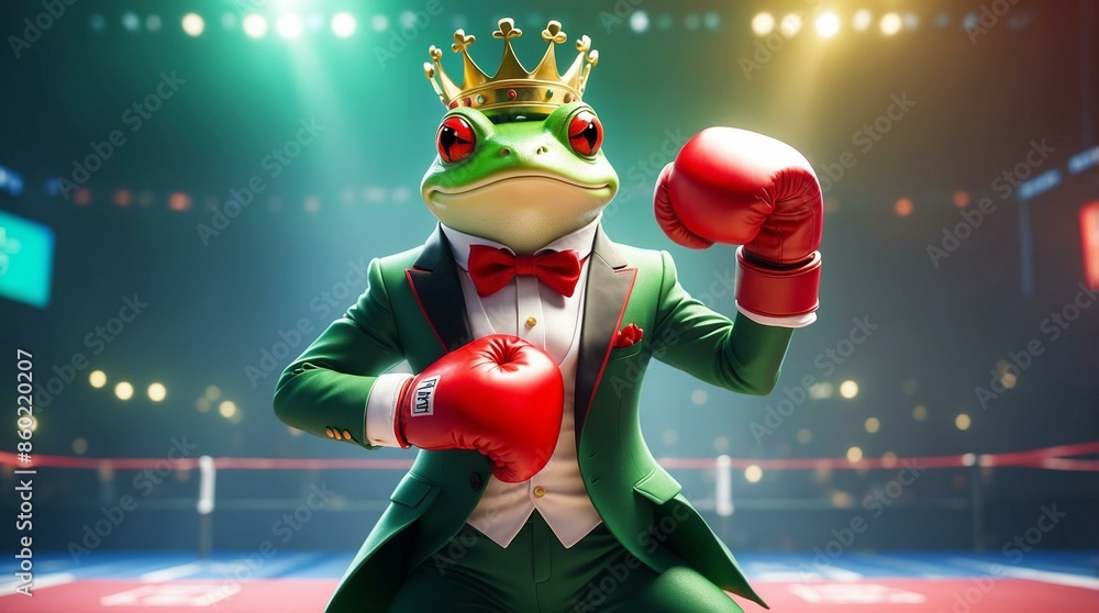 A frog with a golden crown and red boxing gloves, dressed in a green ...