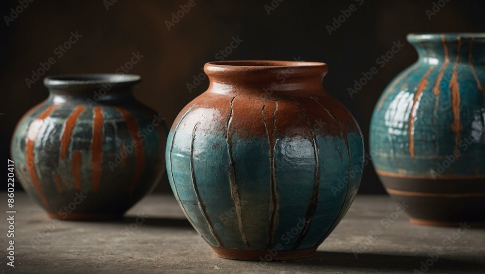 Three ceramic pots with intricate designs in vibrant colors are displayed, showcasing traditional craftsmanship and artistic beauty with rustic charm. Three ceramic pots with intricate designs in vibrant colors are displayed, showcasing traditional craftsmanship and artistic beauty with rustic charm.