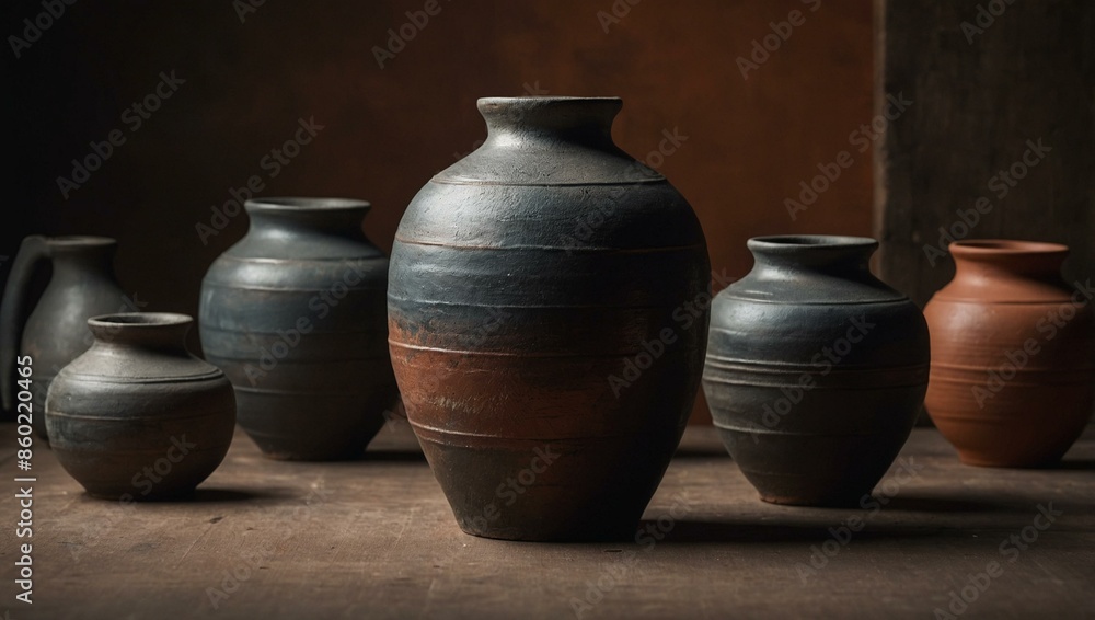 A diverse set of ceramic pots with different shapes and sizes is arranged, highlighting the variety and uniqueness in traditional handmade pottery. A diverse set of ceramic pots with different shapes and sizes is arranged, highlighting the variety and uniqueness in traditional handmade pottery.