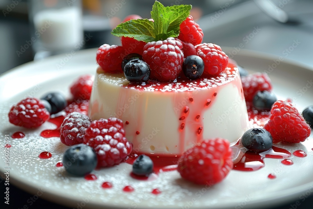 A beautifully plated dessert of panna cotta, garnished with fresh berries and a mint sprig. 