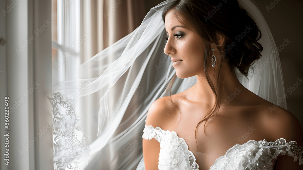 Bride looking out window with soft light Bride looking out window with soft light
