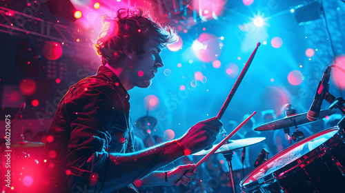 Energetic drummer mid-performance with vibrant lights photo