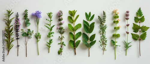 Medicinal herb identification in an organized layout photo