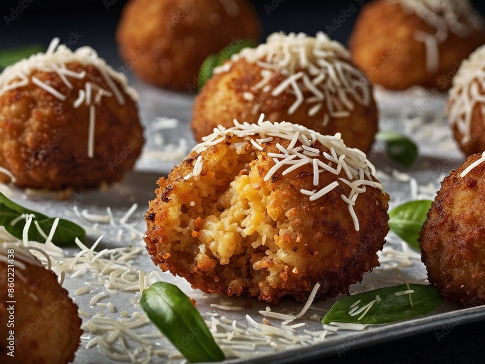 Crispy Delicious Arancini, deep fried Sicilian balls of rice. Meat sauce and mozzarella cheese filling Crispy Delicious Arancini, deep fried Sicilian balls of rice. Meat sauce and mozzarella cheese filling